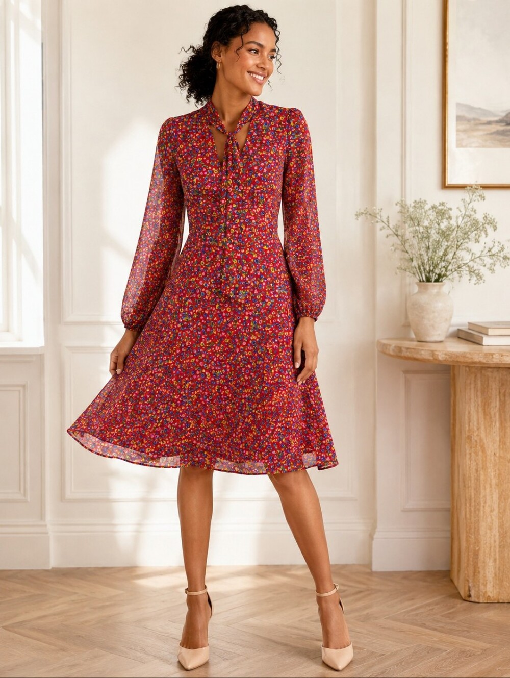 Boden Floral Tie Neck Imogen Dress Red Multicolor Long Sleeve Size 10R